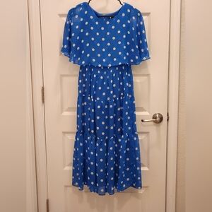 MAISON TARA Blue Long Dress White Polka Dots Size 6